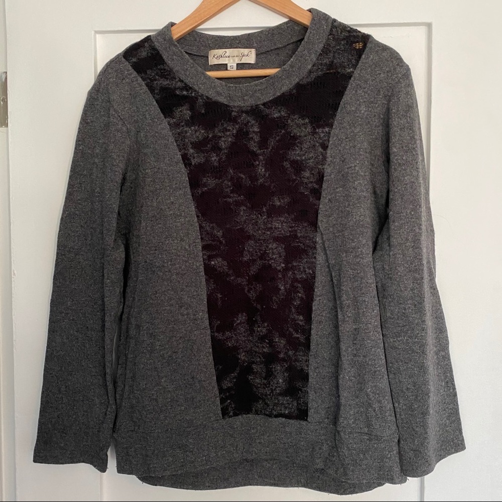Grey wool sweater with black front panel detail